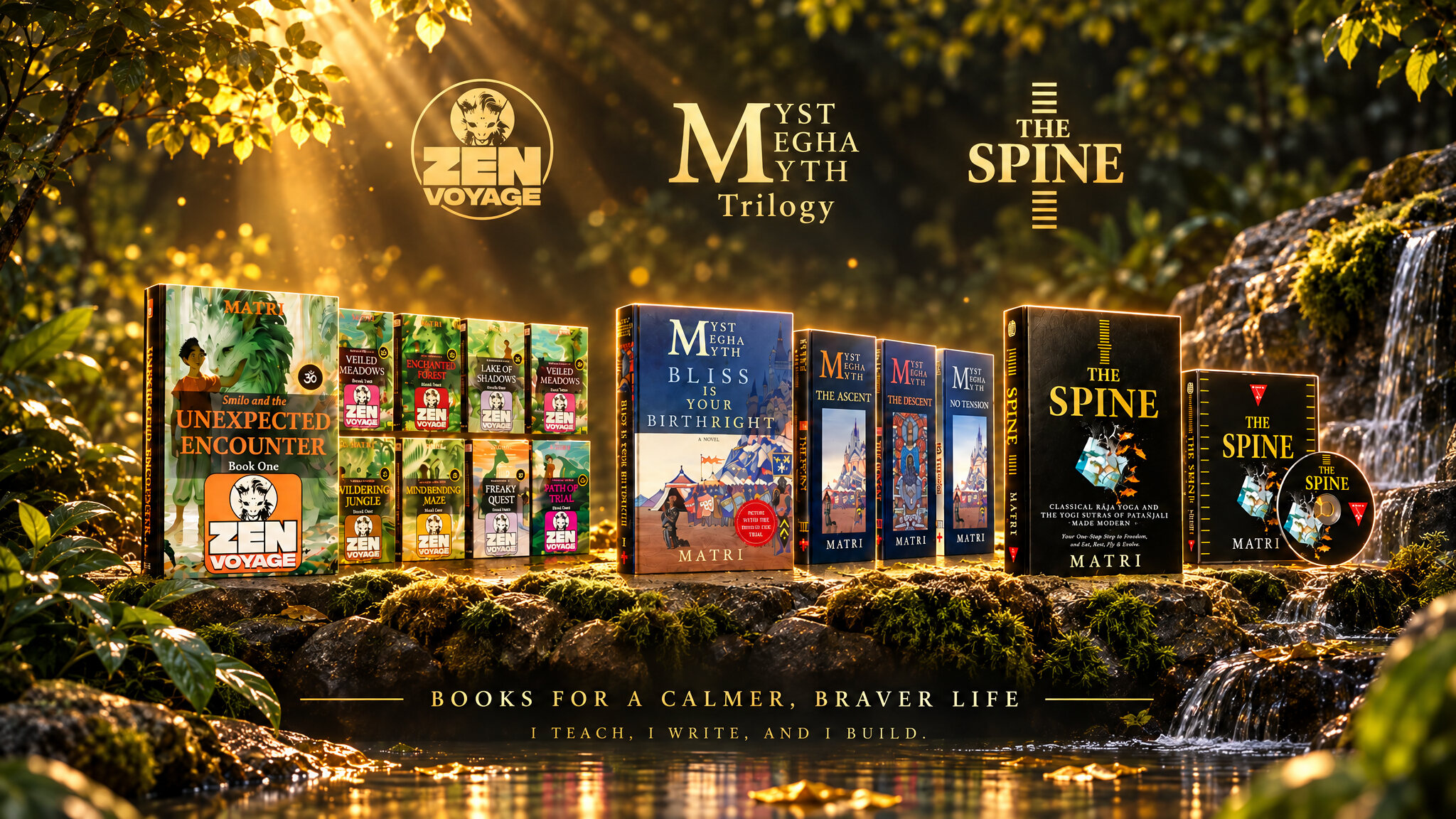 The complete MATRI catalogue: the eight ZEN VOYAGE books, the MYST &middot; MEGHA &middot; MYTH trilogy with its one-volume edition, and THE SPINE with its audiobook &mdash; books for a calmer, braver life